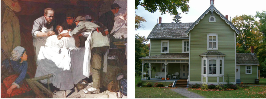 Painting of Norman Bethune performing surgery in a makeshift operation
                    room in China, and photograph of his birthplace in Gravenhurst