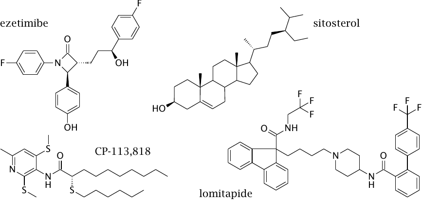Structures of ezetimibe, sitosterol, lomitapide, and an experimental
                    ACAT inhibitor (CP-113,818)